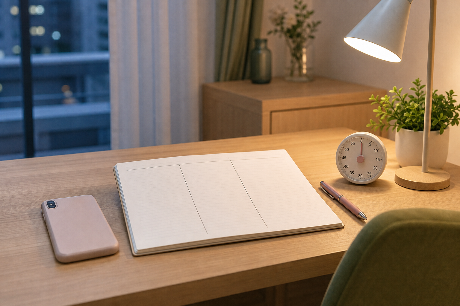 電話占いのあとに相談内容と時間をノートで整理する机